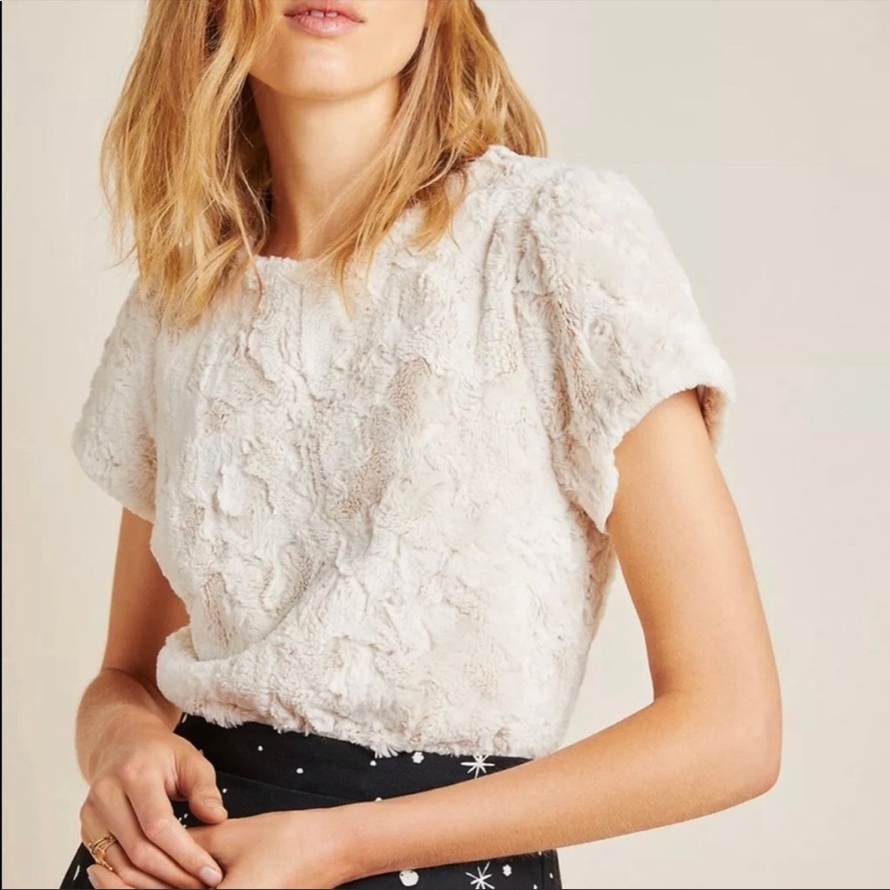 Anthropologie Cream Short-Sleeve Faux Fur Top